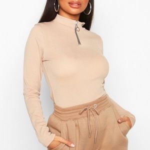Boohoo Zip Up Ribbed High Neck Top Size 12 NWT